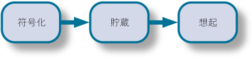 図8.2では、左から右に向かって3つの箱が並んでおり、それぞれに "符号化"、"貯蔵"、"想起 "というタイトルが付けられている。右向きの矢印が "符号化 "と "貯蔵"を、もう一つの矢印が "貯蔵 "と "想起"を結んでいる。